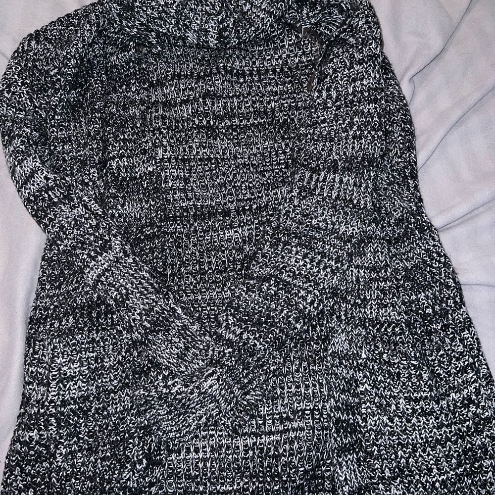 Cute dark grey w/white cardigan with hood.